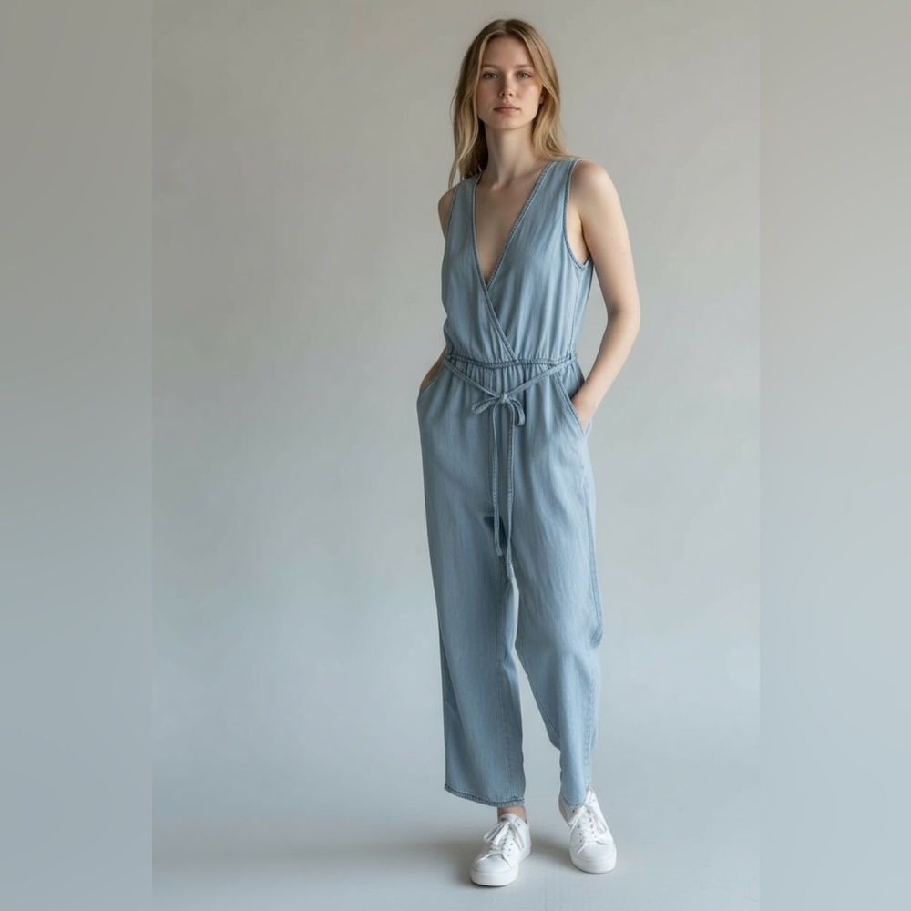 Altar’d State Chambray Tencel Jumpsuit Small Tie Waist Summer Sleeveless